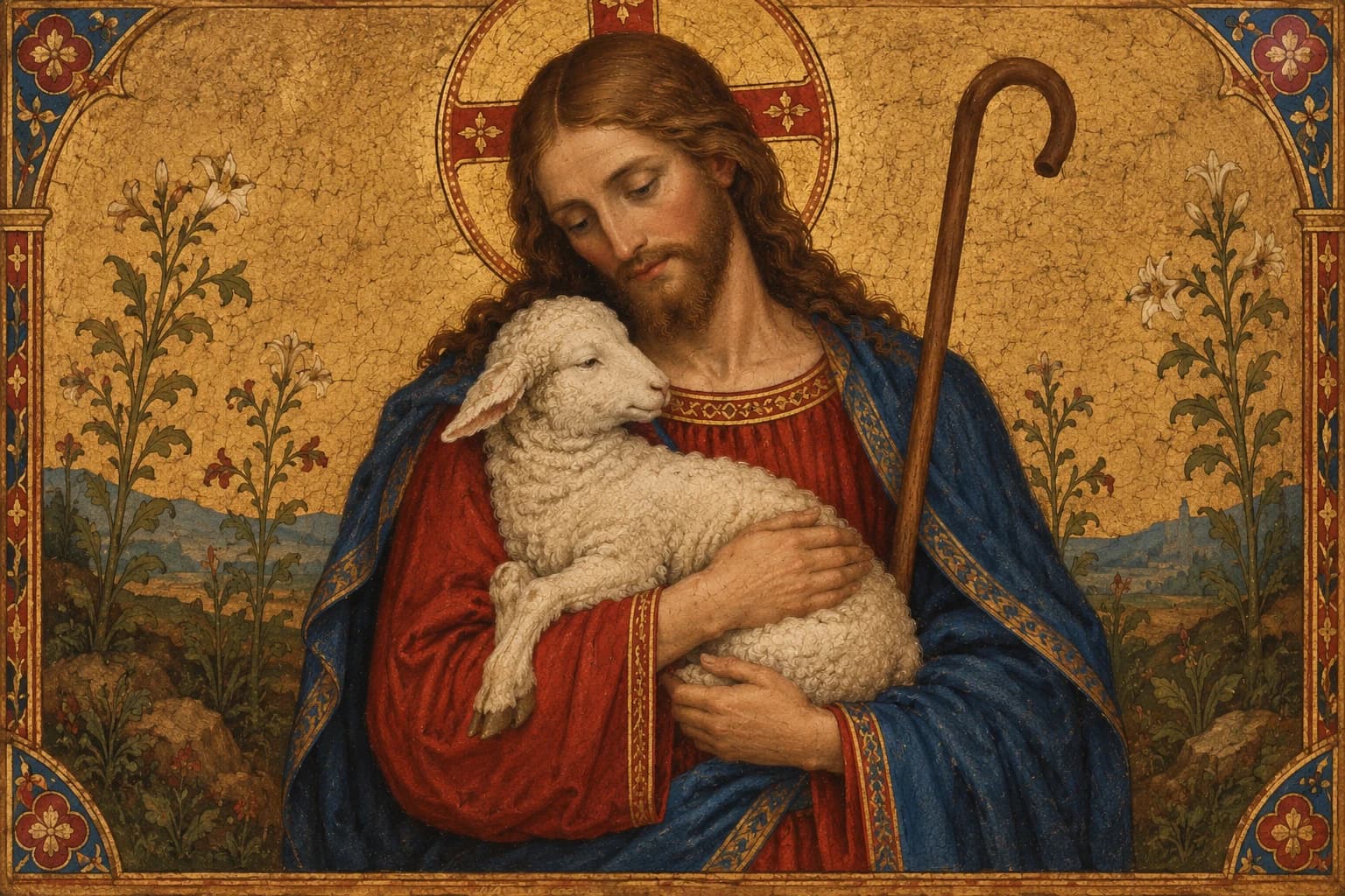 Imagem de Jesus Bom Pastor estilo medieval com fundo dourado